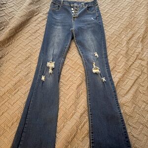 High-Rise Distressed Flare Jeans - Dark Blue